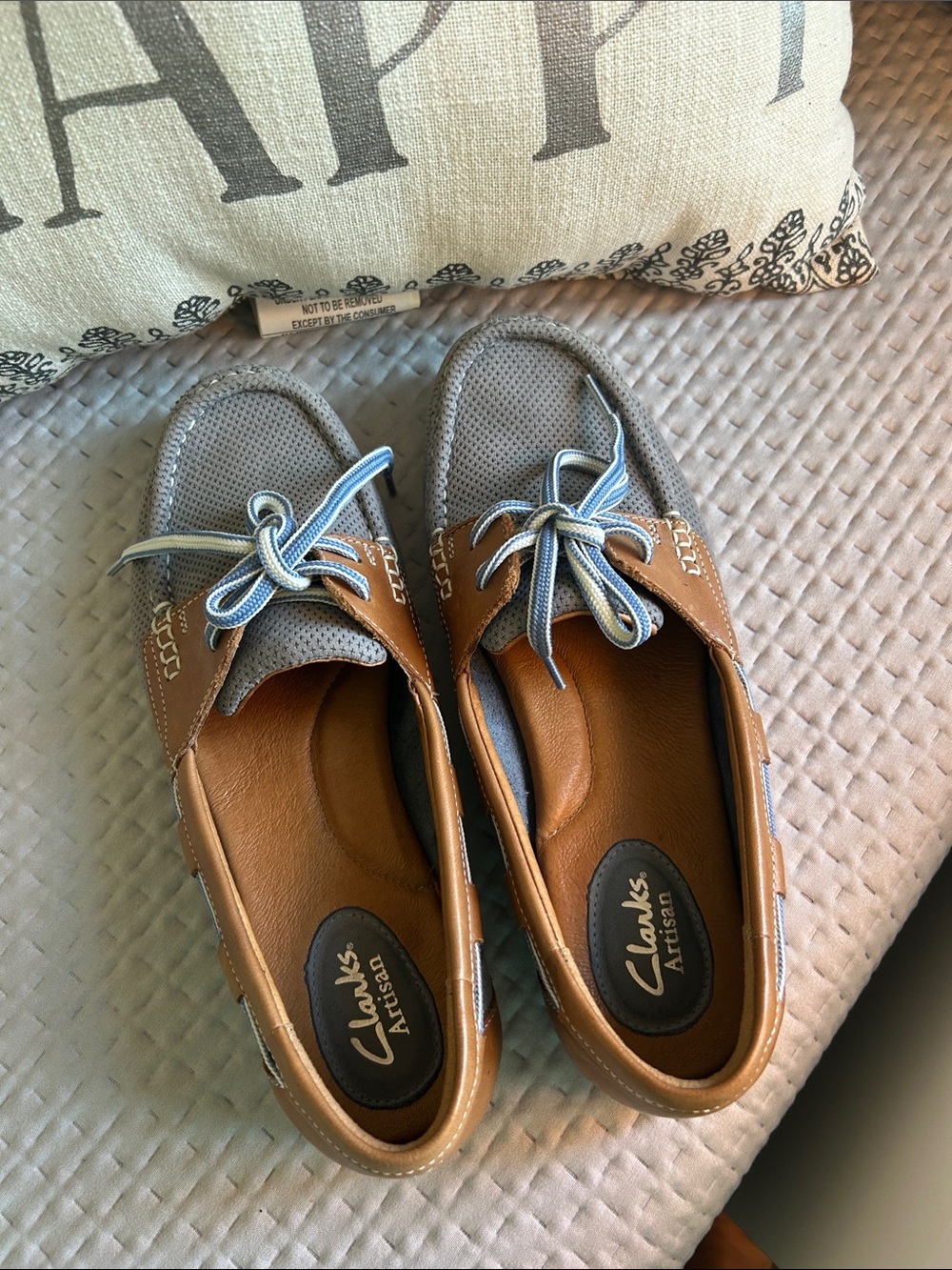 Clarks Artisan Women’s Tan and Gray Boat Shoes with Blue Laces
